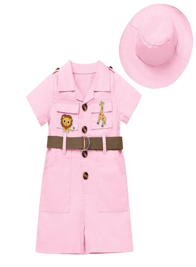 IDOPIP Baby Girls Safari Outfit Jungle One Piece Romper + Hat Jumpsuit Toddler Summer Birthday Party Clothes Set Halloween Overall Shorts Photo Shoot Bodysuit with Belt Pink 2-3 Years - Image 1